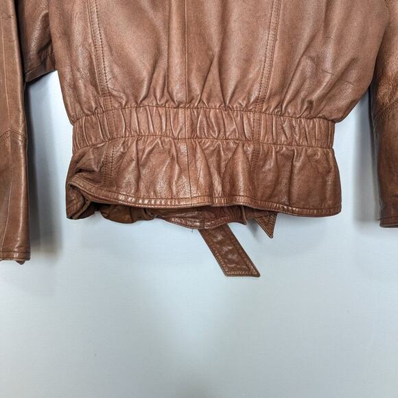 Wilsons Leather Adventure Bound Brown Leather Tie Waist Moto Jacket Pockets L - Picture 10 of 12